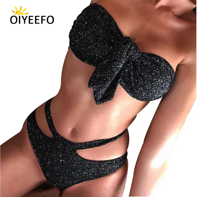 Oiyeefo блестящие Bling бикини Узел Бандо купальник сексуальные со средней посадкой