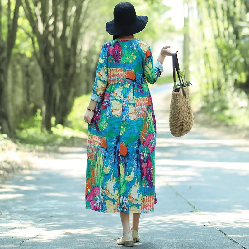 С длинным рукавом из хлопка и льна размера плюс винтажное цветочное женское повседневное свободное весенне-осеннее платье Элегантная одежда vestido платья