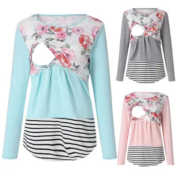 Maternity wear women's noble breastfeeding floral print striped fashion stitching short-sleeved breastfeeding shirt lactation