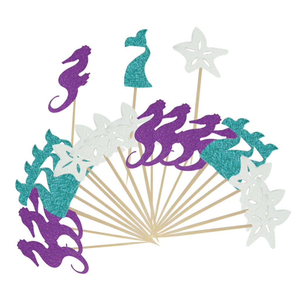 24Pcs Birthday Party Mermaid Sea Star Theme Cake Topper Insert The Sea Girl Birthday Cake Decorating Flags Kids Party Favor 