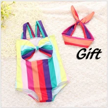 Цельный купальник в разноцветную полоску с бантиком для маленьких девочек и повязка на голову, пляжная одежда для малышей, праздничный купальный костюм для маленьких девочек