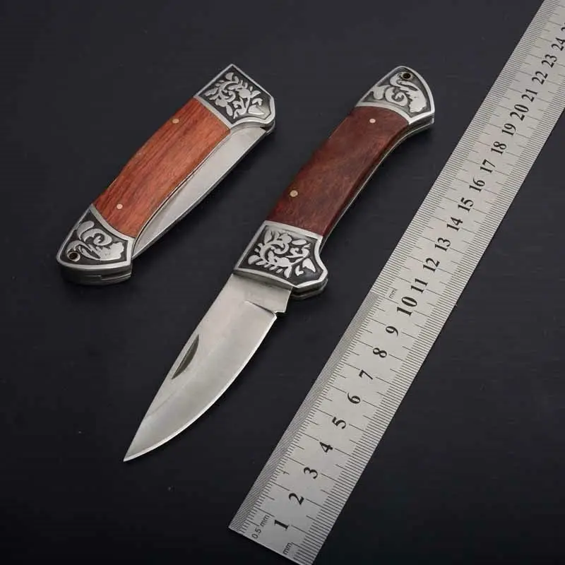 copper tactical folding knife steel blade wood handle rescue pocket edc tools  (1)