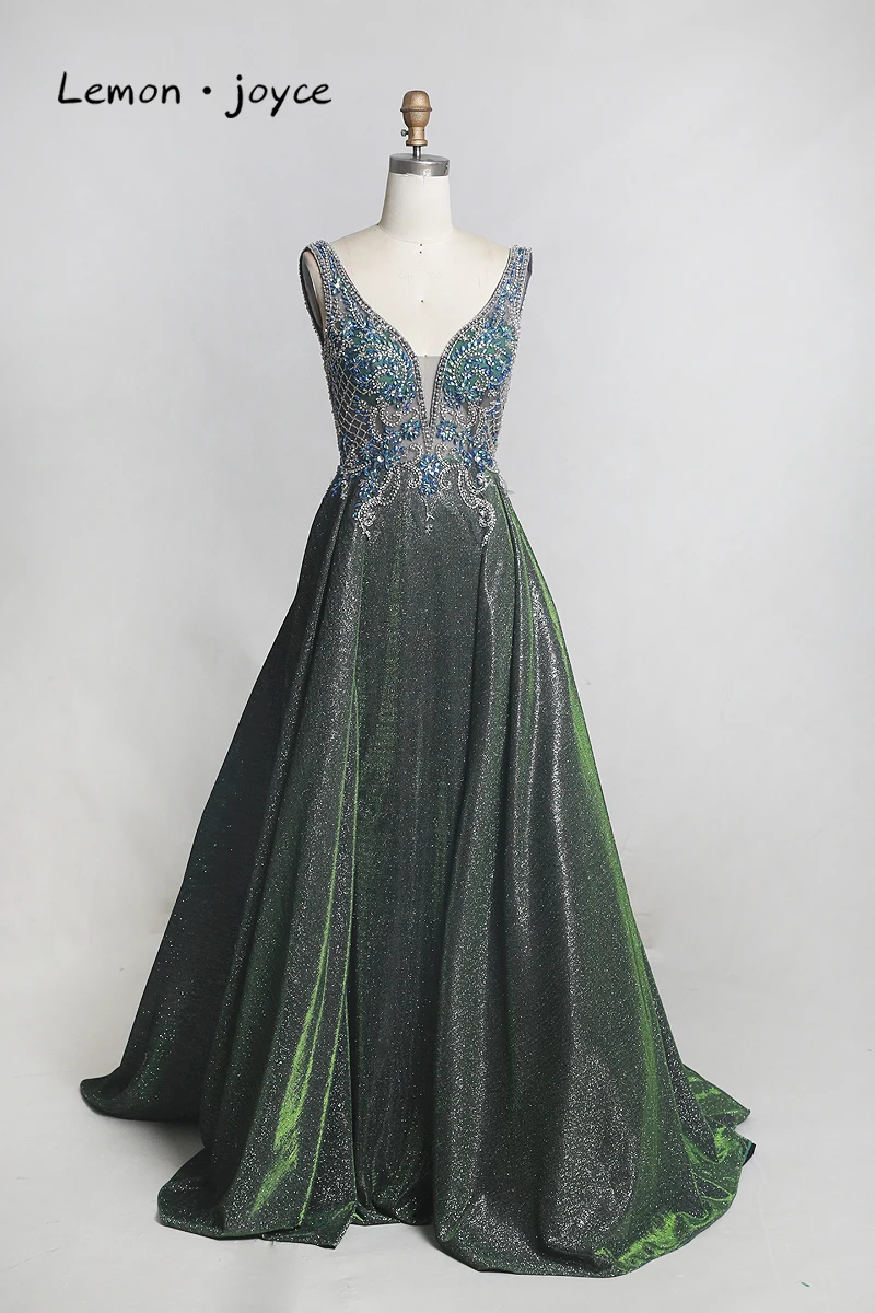 Lemon joyce Green Prom Dresses 2020 Sexy V-neck Beading Shiny Dubai Evening Gown vestidos de gala Plus Size