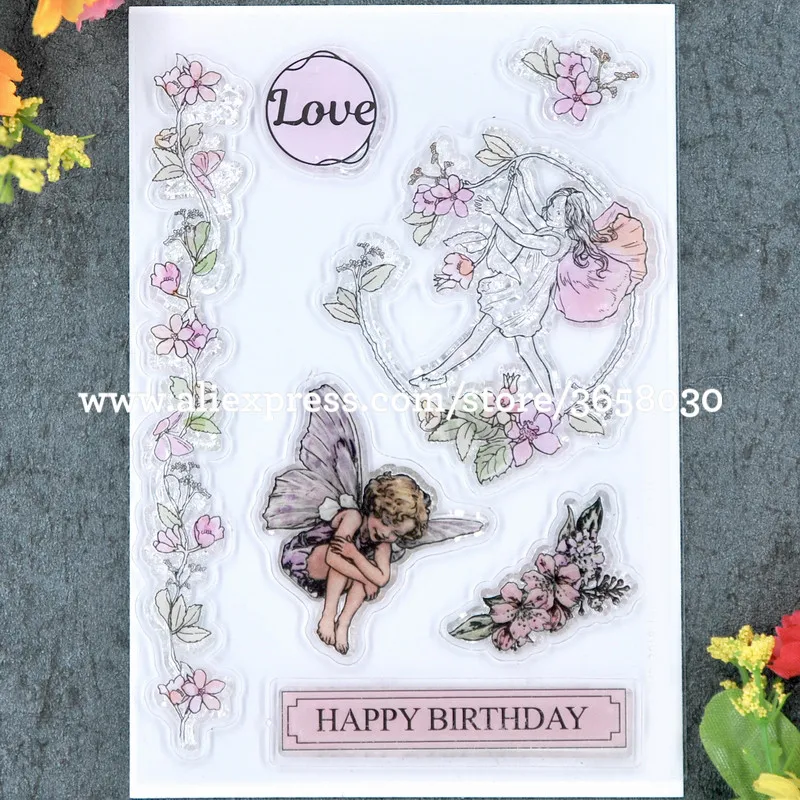 

HAPPY BIRTHDAY LOVE Angel Flowers Scrapbook DIY photo cards rubber stamp clear stamp transparent stamp 10.5x14.8cm 80712212