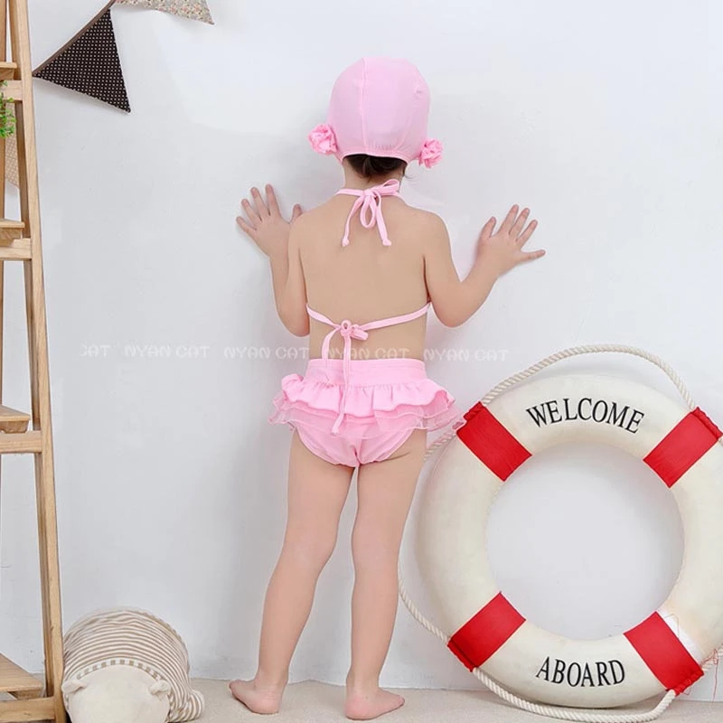 Детский купальник-бикини для девочек, модный розовый купальник для девочек, топы+ штаны+ шапочка, комплект бикини из 3 предметов для 3-7 лет, купальная одежда