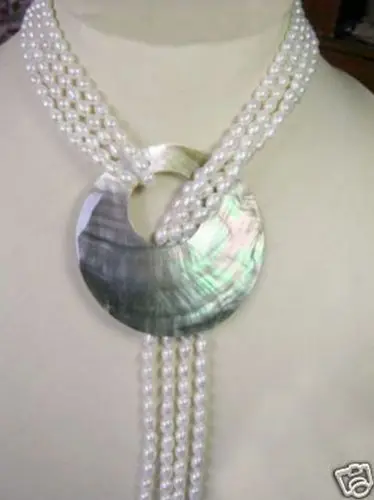 

Jewelr 004629 NEW-2 row Cultured White Pearl Necklace Shell Pendant 50