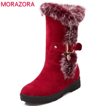 

MORAZORA 2020 new arrival mid calf boots women round toe fashion boots slip on flock low heels shoes winter snow boots female