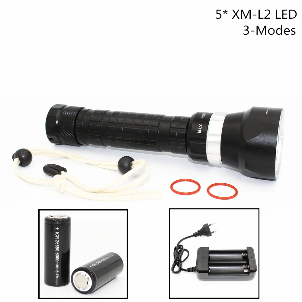 

6000LM Underwater 100M Diving Waterproof 5x XM-L2 LED Flashlight Torch 3 Modes Light Lamp Use 2x 18650/26650 Battery + Charger
