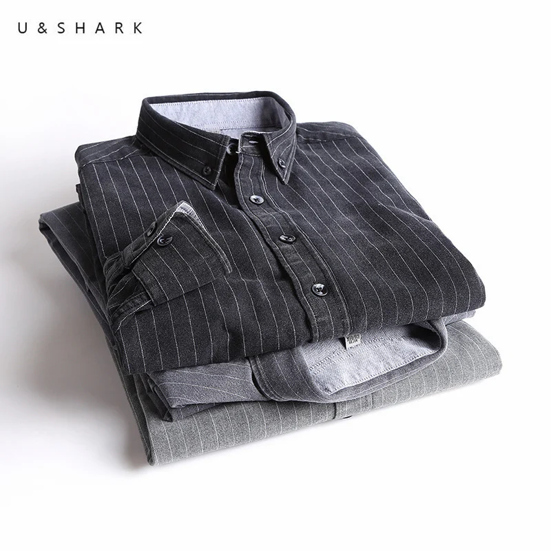 

U&SHARK Spring New Black Striped Mens Shirts Casual Business Long Sleeved Chemise Cotton Dress Shirt Social Male Formal Shirt