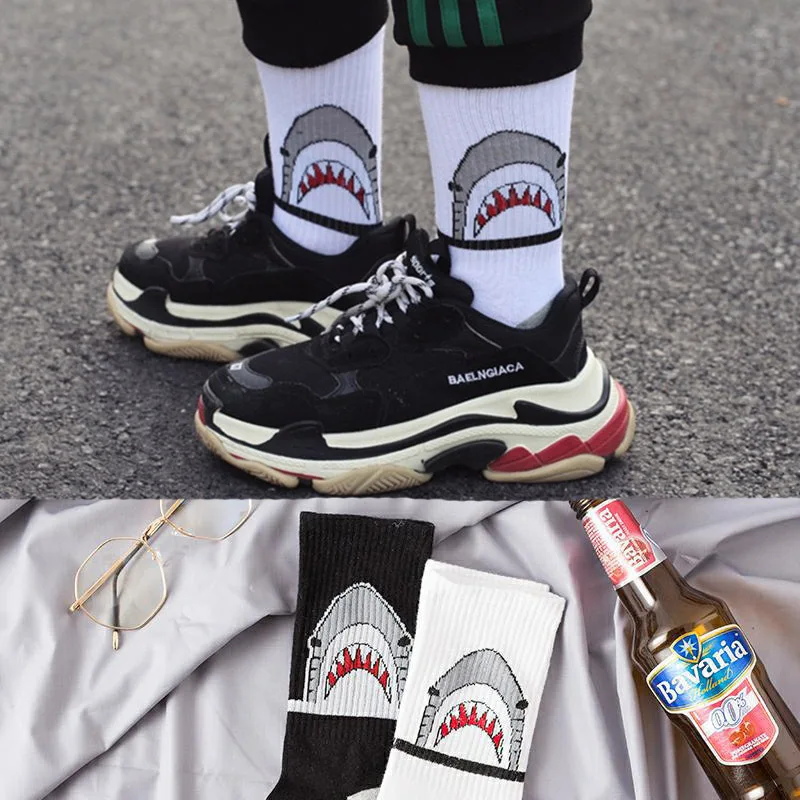 Модные акулы хип Носки мужские длинные носки мультфильм улица хип-хоп Спортивный скейтборд черные белые толстые короткие носки
