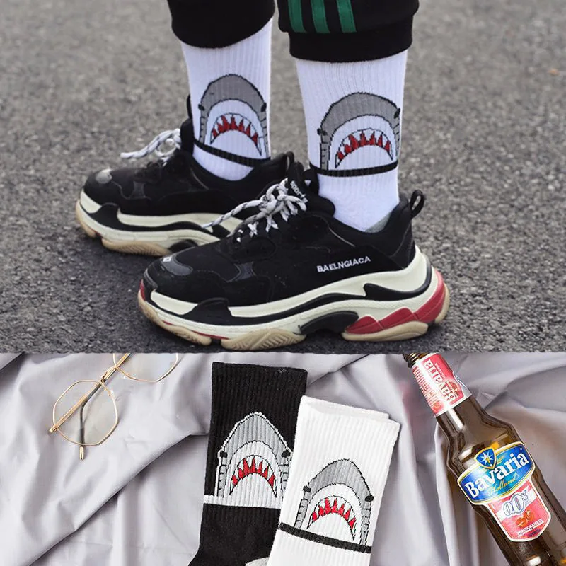 Fashion Shark Hip Hop Socks Men Long Socks Cartoon Hiphop Street Sport Skateboard Black White Crew Socks
