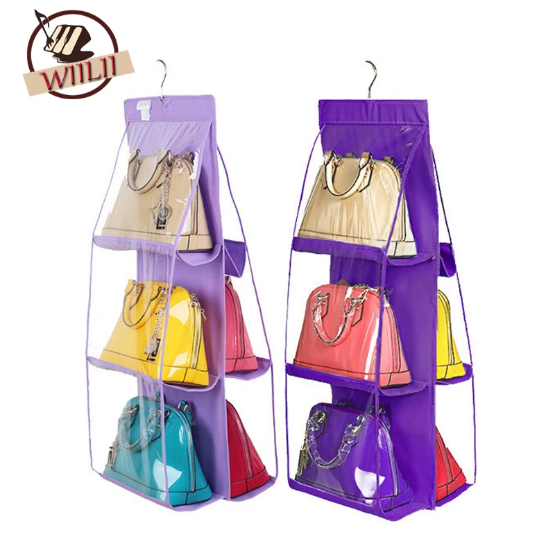 6 Pockets Hanging Organizer Storage Bag Collapsible Dustproof Handbag