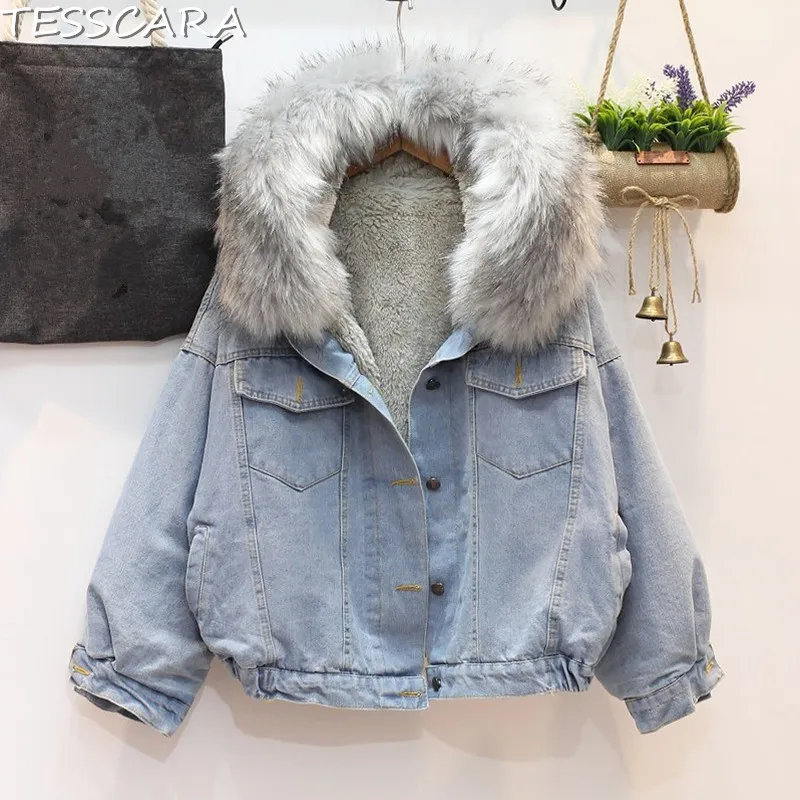 amp; grey Base Parka Vêtements Et Veste Automne Manteau Hiver Vestes Tesscara Bomber Avec Femelle Denim Pink Femmes white De Fourrure Jeans Capuche Manteaux Faux 5B648wn