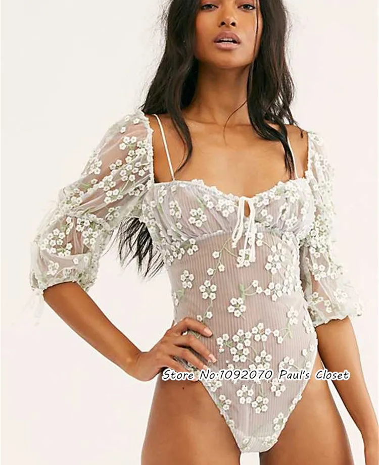 

Women Floral Embroidery Romantic Puffed Sleeve Bodysuit Pinstriped Pattern