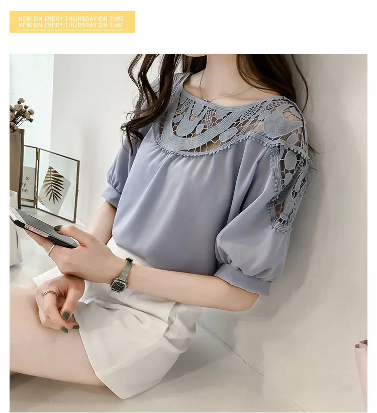 New Summer Tops Large Size Chiffon Blouses Women Korean-style Hollow Lace Patchwork Shirts Femme Casual Short Sleeve Blusas Mujer De Moda 2019 (11)