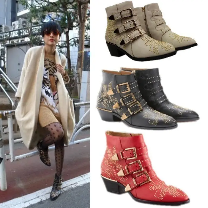 

Womens Real Leather Punk Studded Buckle Low Heel Rocker Cowboy Ankle Boots Shoes 12 Colors Plus Size