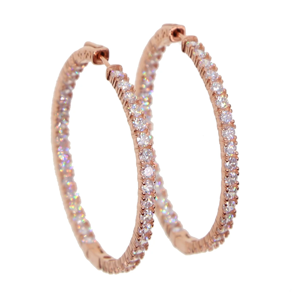 

100% 925 sterling silver Rose Gold Color Rhinestones elegant sparking cz Hoop Earrings For Women dainty cz big round circle earr