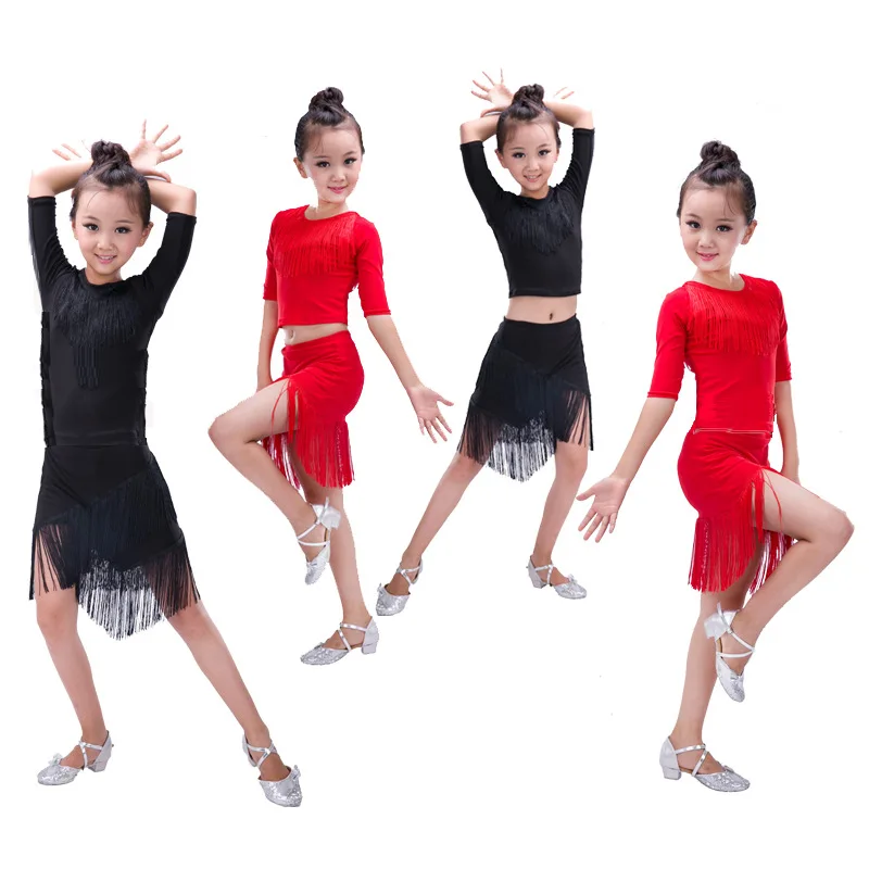 

New children's Latin dance skirt exercise clothing dance costume girls contest tassel stage costumes