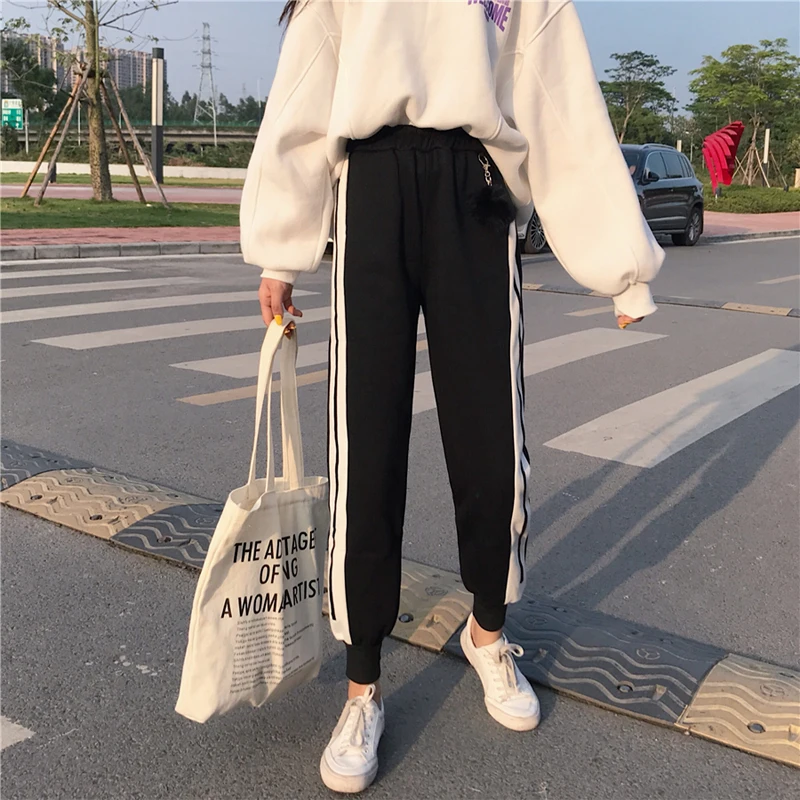 3 цвета Mihoshop Ulzzang корейский для женщин модная одежда Высокая талия хит цвет в полоску толстые мотобрюки брюки для девочек