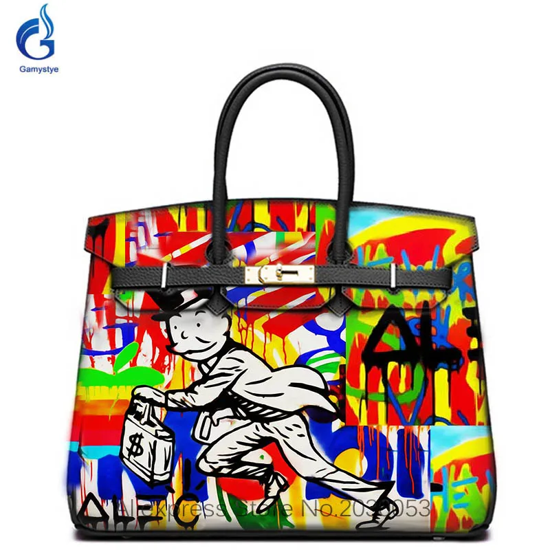 

2018 NEW Hand-Painting Cowhide bags Soft Togo Leather POP ART Alec DJ MONOPOLY Graffiti Luxury Designer Handbags For Women Girls