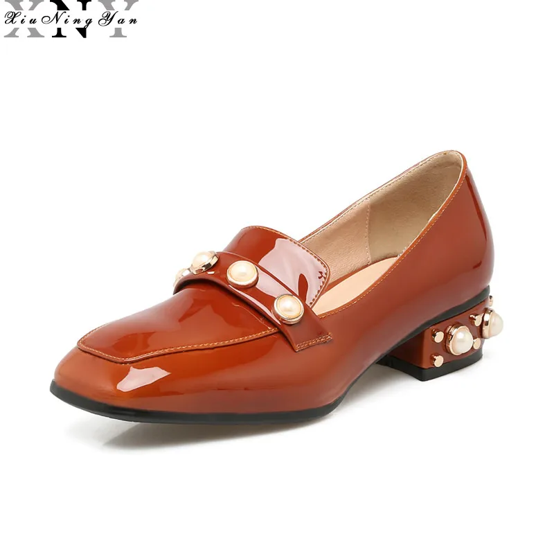 

XIUNINGYAN Loafers Ladies Pearl Oxford Shoes Fashion Brand Style Square Toe Slip on Pearl Flats Shoes for Women Loafers Big Size