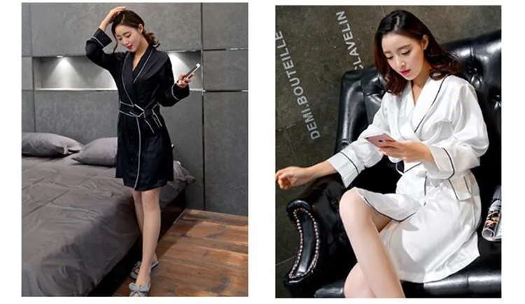 Для женщин Элегантный пижамы в полоску белый и черный Женский Ночная рубашка сна Lounge шелк хорошее качество невесты Халаты A3551