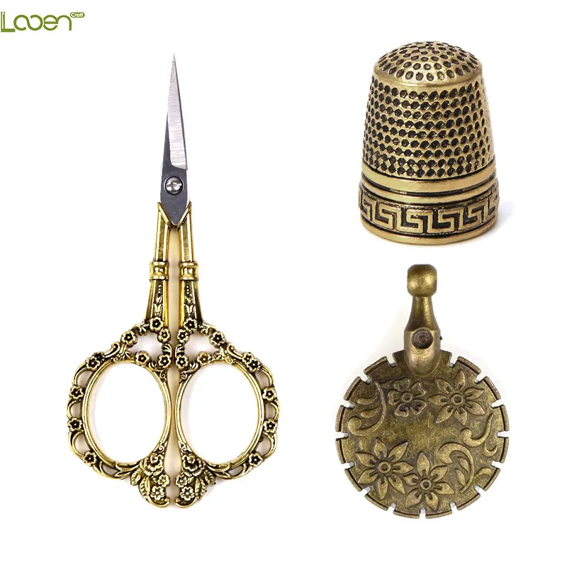 Looen 3pcsset European Vintage Scissors Sewing Thimble Metal Thread Cutter Hand Cross-Stitch Scissors Arts Sewing Accessories (9)