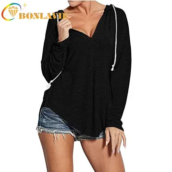 

Women Hoodies 2019 Fashion Autumn and Winter Wear Loose Type Pullover Solid Color Full Sleeve V-neck Size S To 3XL Casual Cloth
