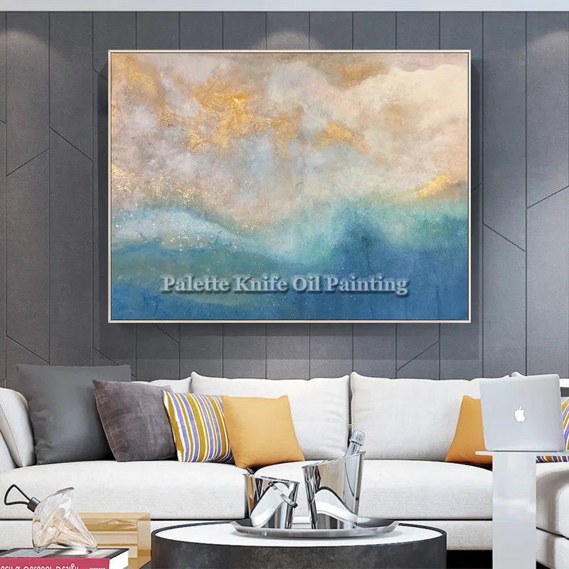 Gold blue Sea wave acrylic abstract print paintings Wall art print on Canvas cuadros decoracion for living room wall decoracion