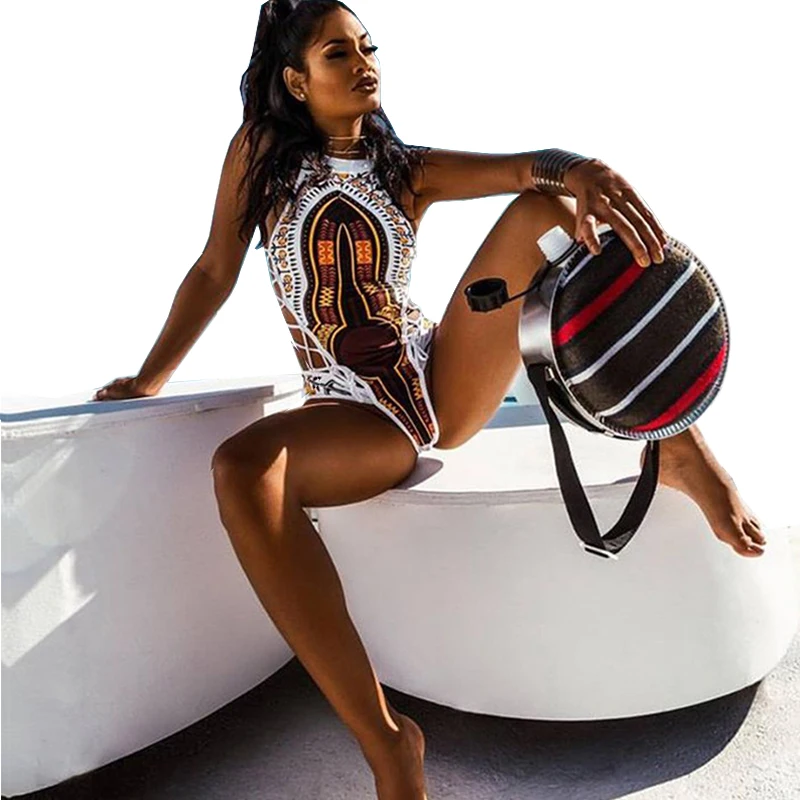 

HELLO BEACH 2018 One Piece Swimsuit Bandage Bodysuit African Printed Swimwear Female High Cut Monokini Sexy High Neck Trikinis