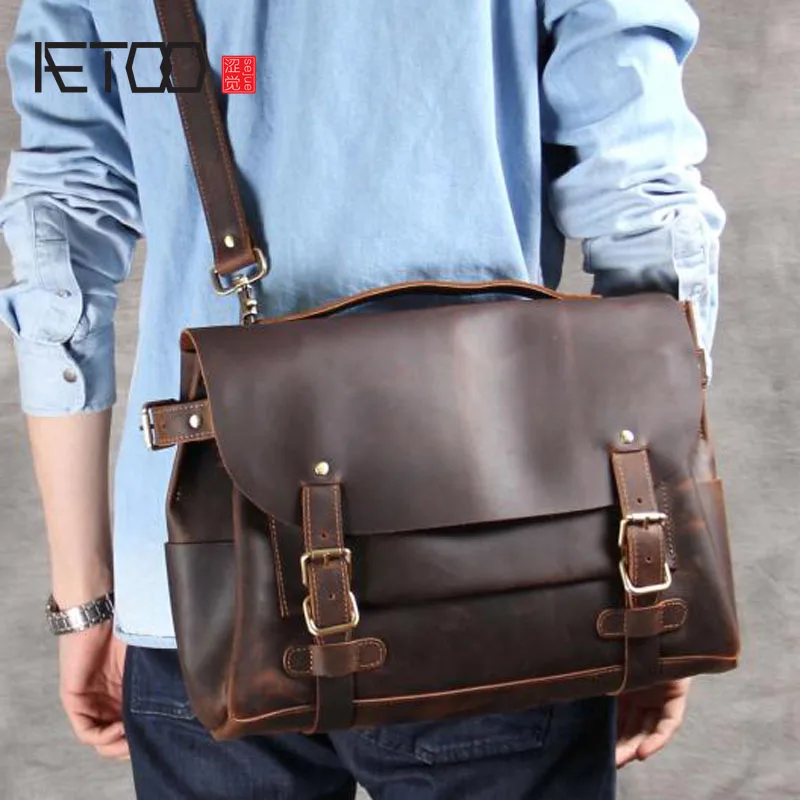 AETOO man Classic casual first layer of leather postman bag shoulder Messenger bag handmade original retro laptop bag