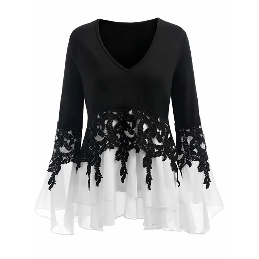 

Fashion Lace Chiffon Ruffle Long Sleeve V-neck Women Autumn Cotton Top t-shirt casule sexy 2018 new hot sale