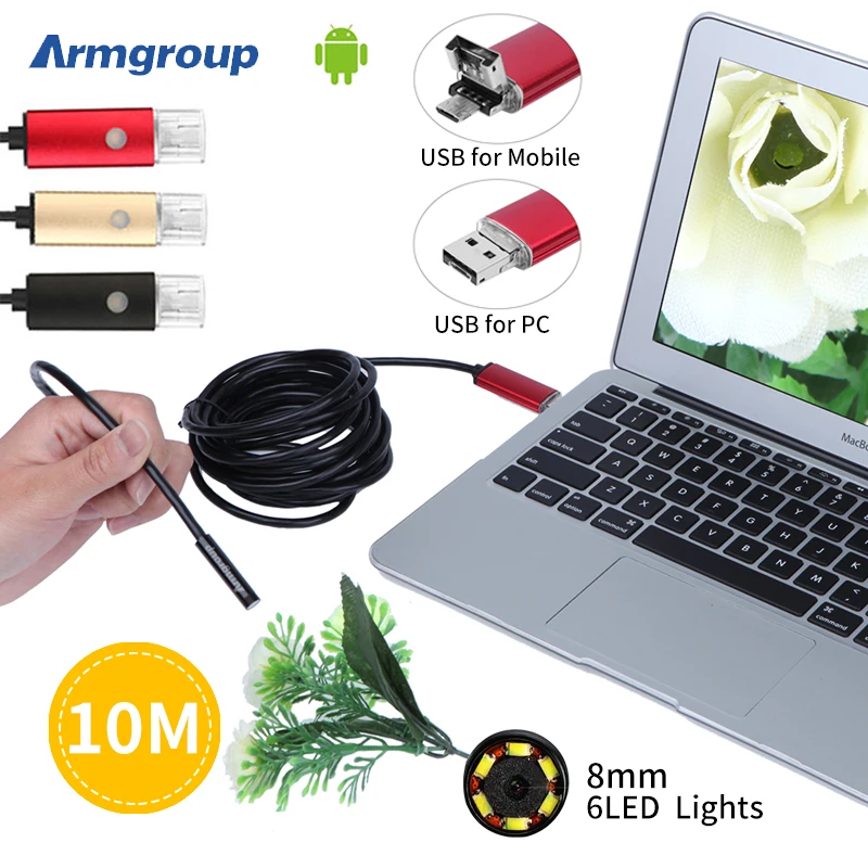 

New Endoscope 8mm PC Android Endoscopio HD 720P 10M USB Endoscope Camera Tube Inspection Wire Cam 6 LED 2IN1 Camera for Phone