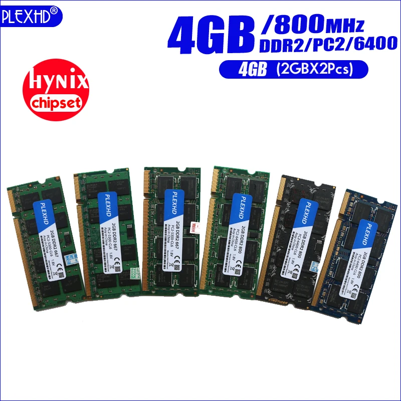 PLEXHD 4G 4 Гб(2GBX 2 шт) DDR2 pc2 6400 800 МГц 2RX8 память для ноутбука 4 Гб pc2-6400S ddr2 800 МГц 200pin оперативная память для ноутбука(чипсет hynix