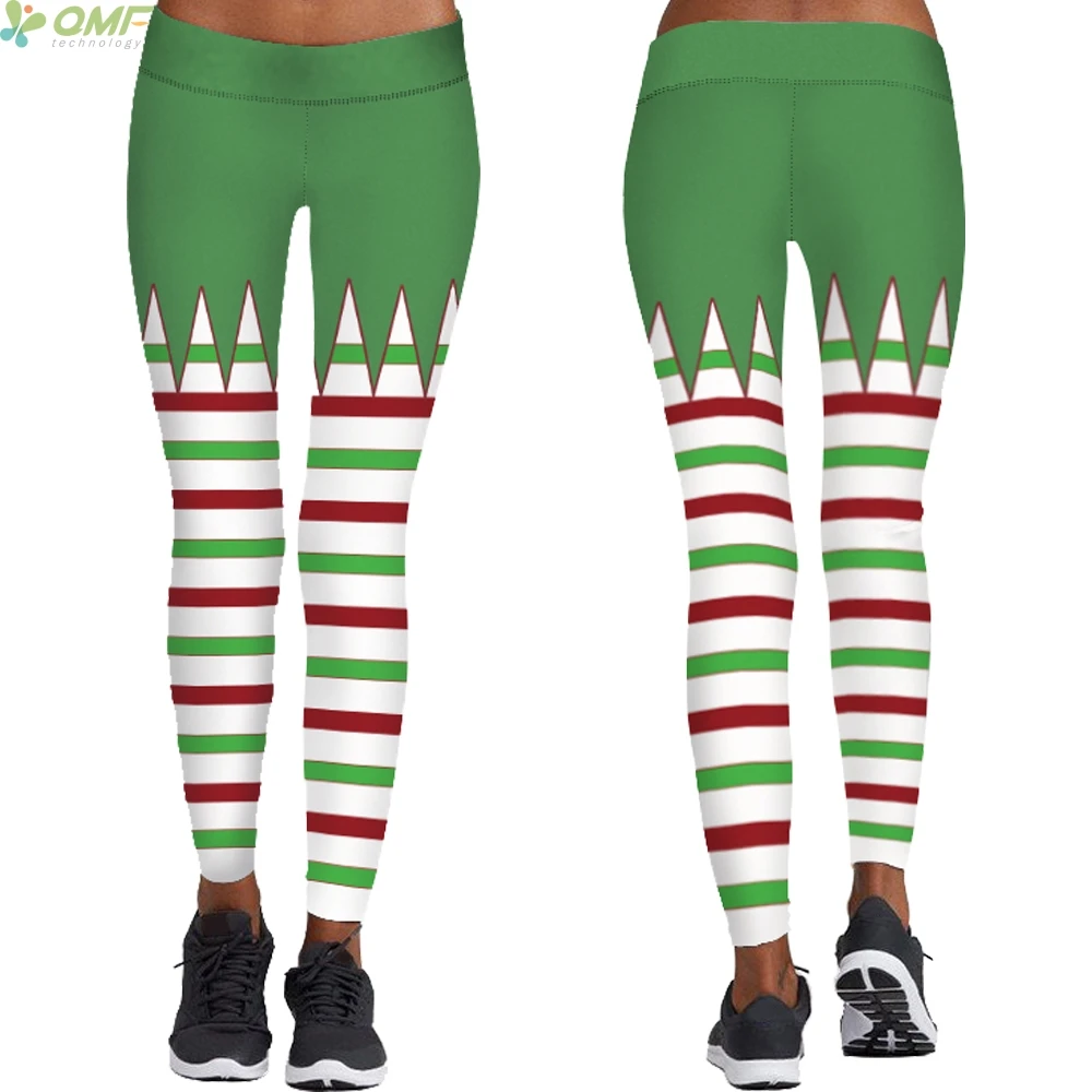 Christmas Stripes Print Green Leggings Fashion Casual Sexy Pants Women