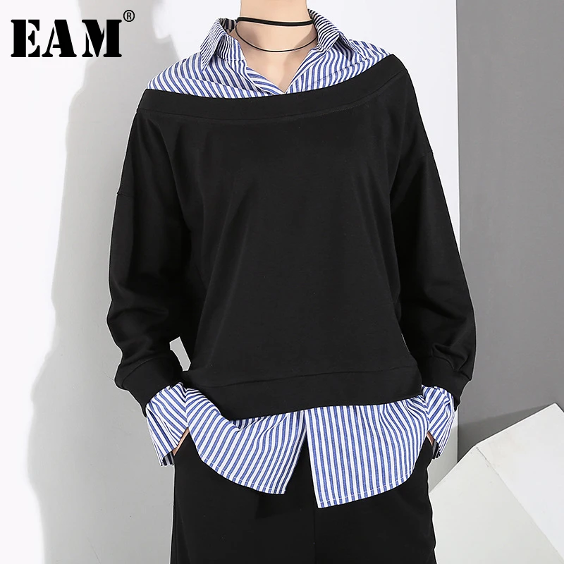 

[EAM] 2019 New Autumn Winter Turn-down Collar Long Sleeve Striped Spliced Brief Big Size Sweatshirt Women Fashion Tide JY369