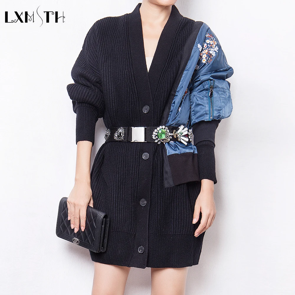 

LXMSTH Long Wool Runway Knit Jacket Plus Size Embroidery V Neck Autumn Sweaters Jacket Women Beaded Rhinestone Belt Coat Slim