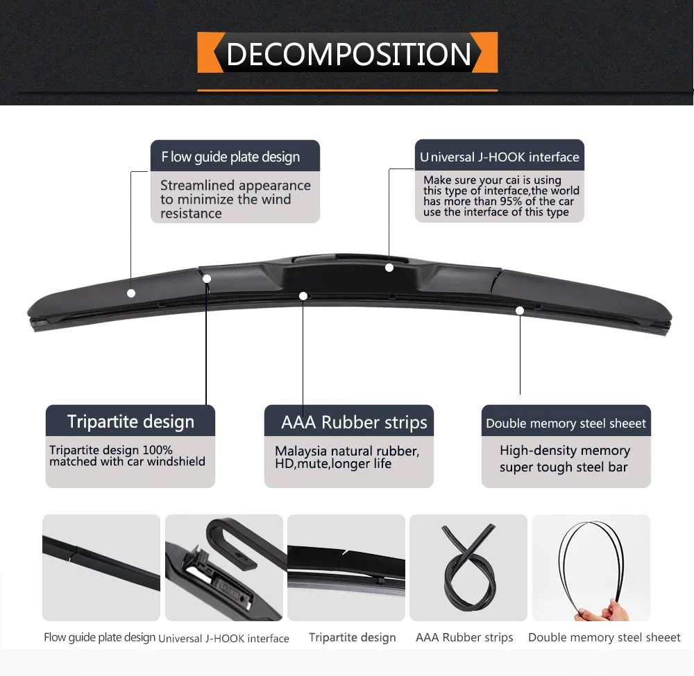 KOSOO Wiper Blade Universal U J Hook 14