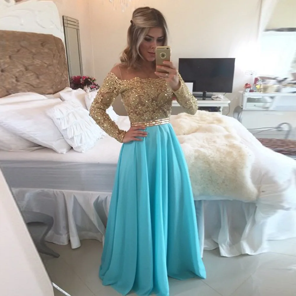 

New Arrival Long Sleeves Lace Top Evening Dress Party Elegant Vestido De Festa Longo Cheap Price Prom Dresses Fast Shipping 2015