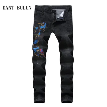 

2020 High Quality Blue Floral Embroidery Biker Men Jeans Motorcycle Slim Skinny Casual Denim Pants Punk Homme Trousers,919