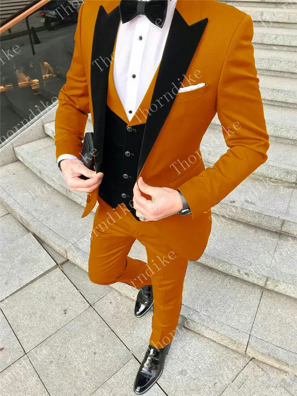 Purple Three Pieces Groom Suit Custom Made Tuxedos For Men Groomsman Bridegroom Wedding Best Man Suits( jacket+Pants+vest - Цвет: orange