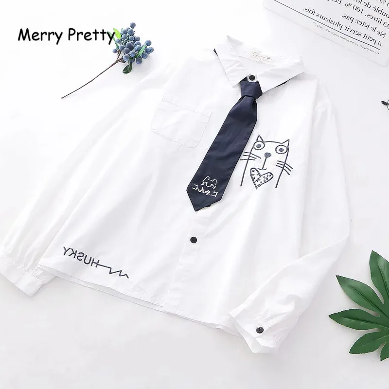 Merry Pretty японская Mori Girl Осенняя женская рубашка милый кавайный котик и буква