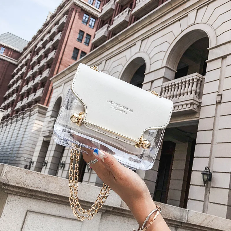 

Small transparent pvc Women Messenger Bags chains Mini Minimalist Female Shoulder Bags Pure Color Silver Beige Cross body Bags