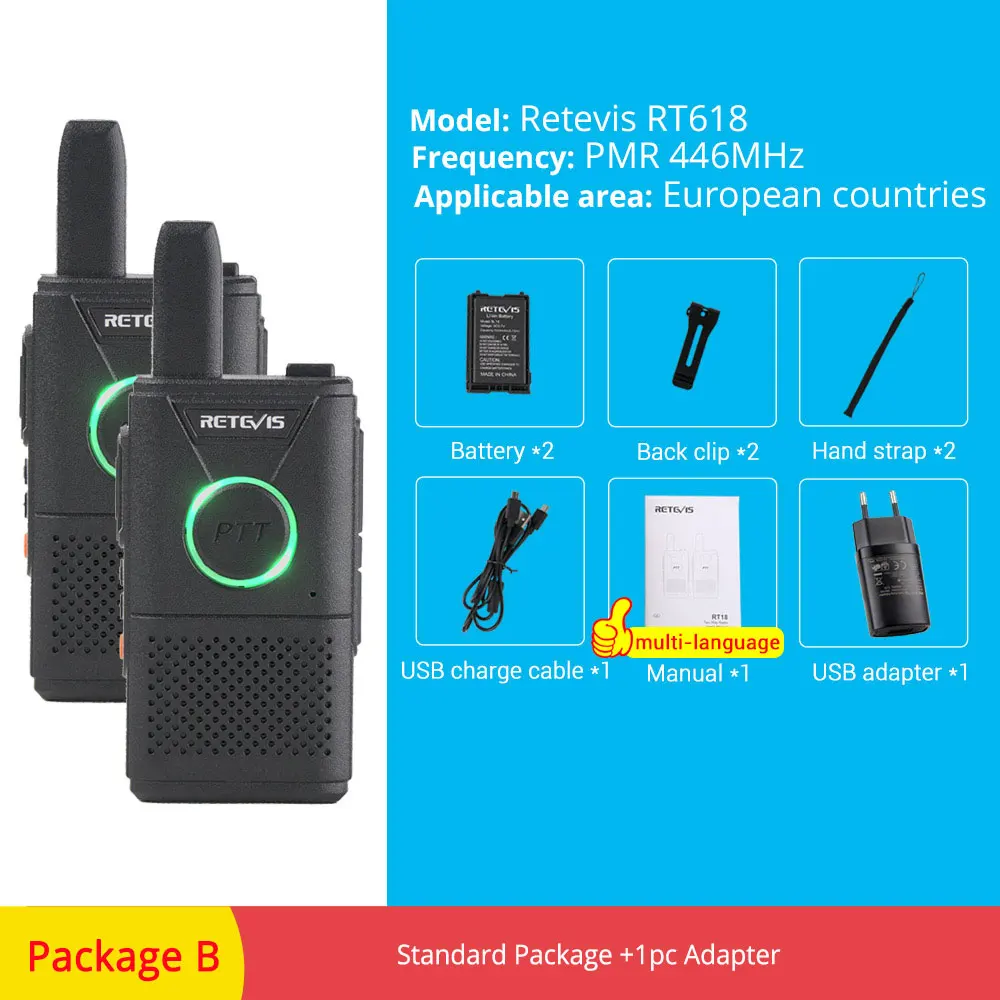PMR RT618-Package B RETEVIS RT618/RT18 PMR радио перезаряжаемая мини рация 2 шт. PMR446 PMR 446 FRS Dual PTT VOX двухсторонняя рация - Цвет: PMR RT618-Package B