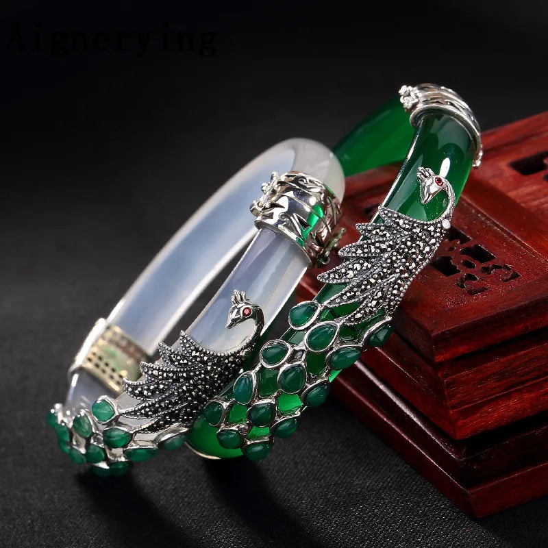 

Bangle S925 Sterling Silver Bracelet Women Thai Silver Chalcedony Jade Vintage Marcasite Peacock Bangles Fine Gift tray with Box