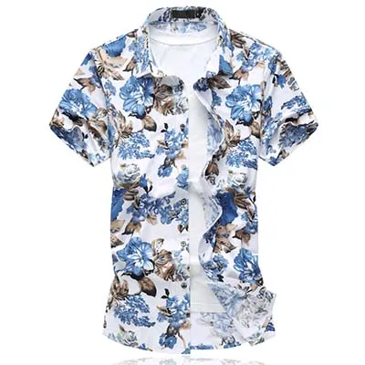 LONMMY Летняя мужская рубашка с цветочным принтом, повседневная приталенная белая рубашка с цветочным принтом, мужская рубашка с коротким рукавом, плюс Размер 6XL - Цвет: D8815