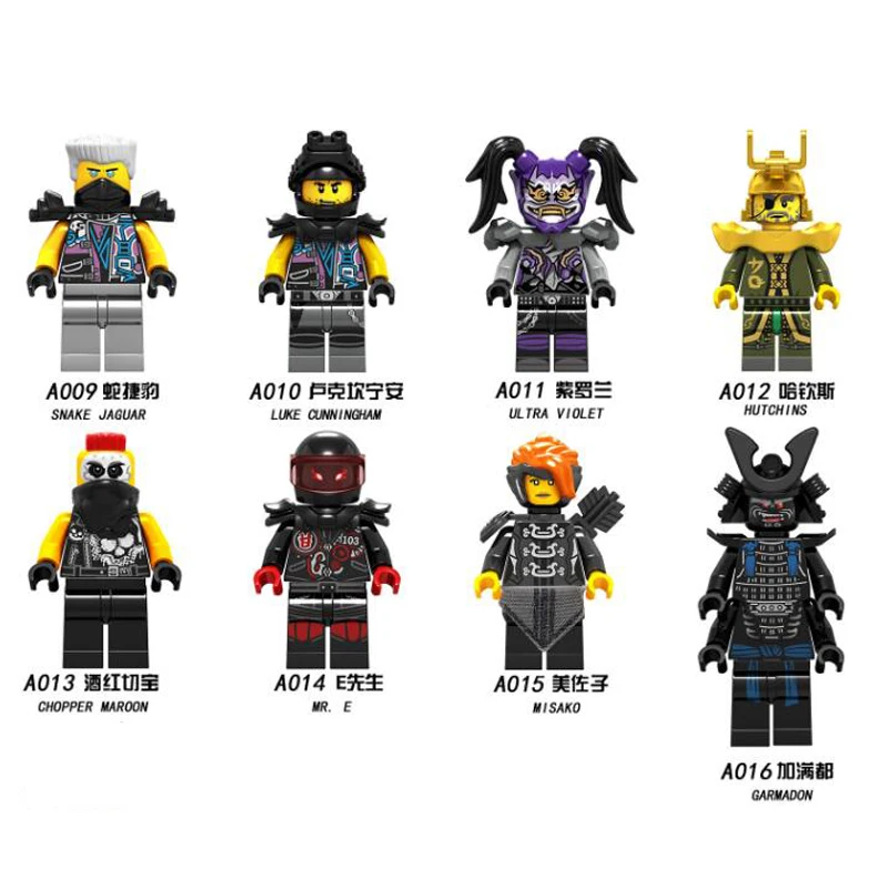 

Legoing 8pcs/lot Ninjagoes Snake Jaguar Garmadon Misako Hutchins Ultra Violet Building Blocks Bricks Toys for Children