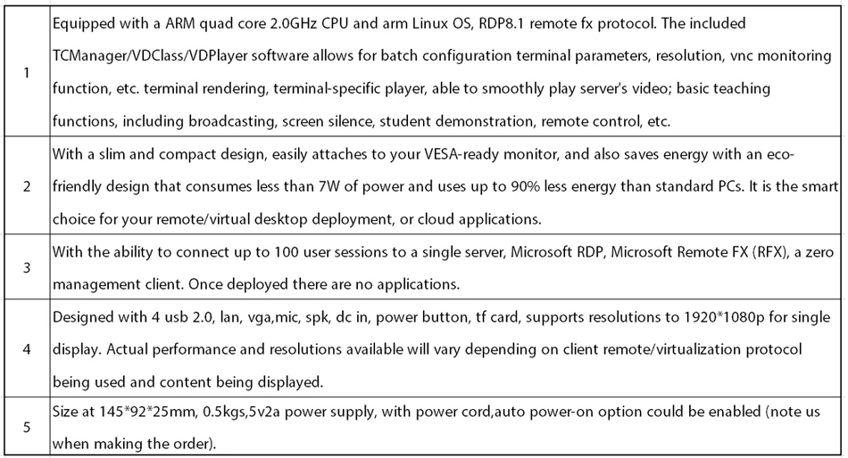 Тонкий клиент, удаленный рабочий стол, RDP 8,1/Remote FX, терминал рендеринга, VDClass, ARM A53 Quad core 2,0 GHz, 512 M ram/4G Flash, [HUNSN TF03]