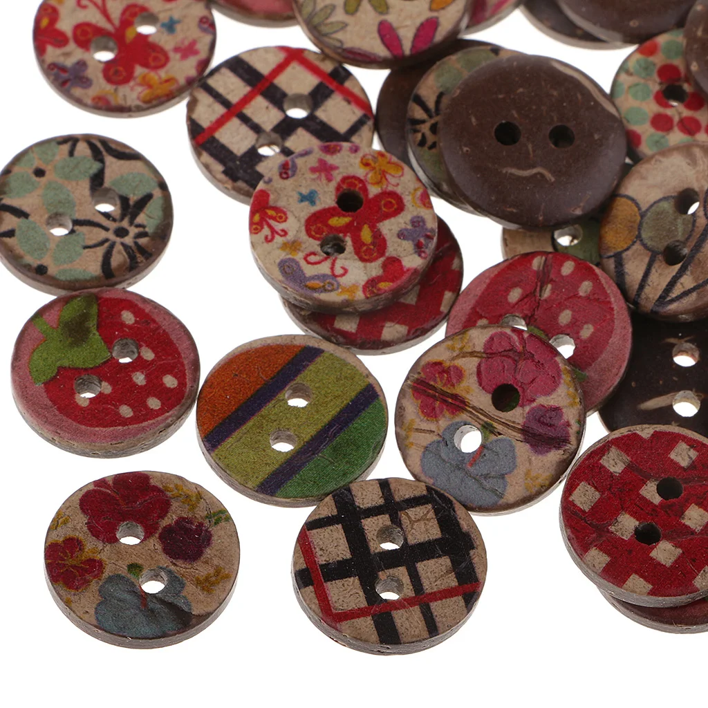 fityle 50Pcs Vintage Wood Buttons Mixed Pattern for Sewing Crafting