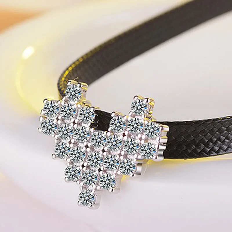 KOFSAC New Charm Silver 925 Shiny CZ Heart Pendant Necklace Black Wax Rope Torques Chokers For Women Party Fashion Jewelry Gift | Украшения